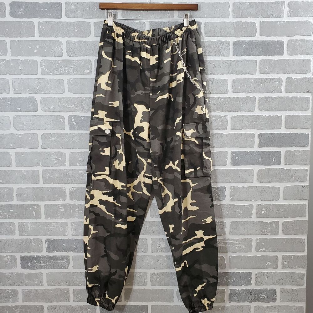 Shein Curve‎ Cargo Pants Womens 0XL 12 Black Gray Cream Camo Print Elastic Waist